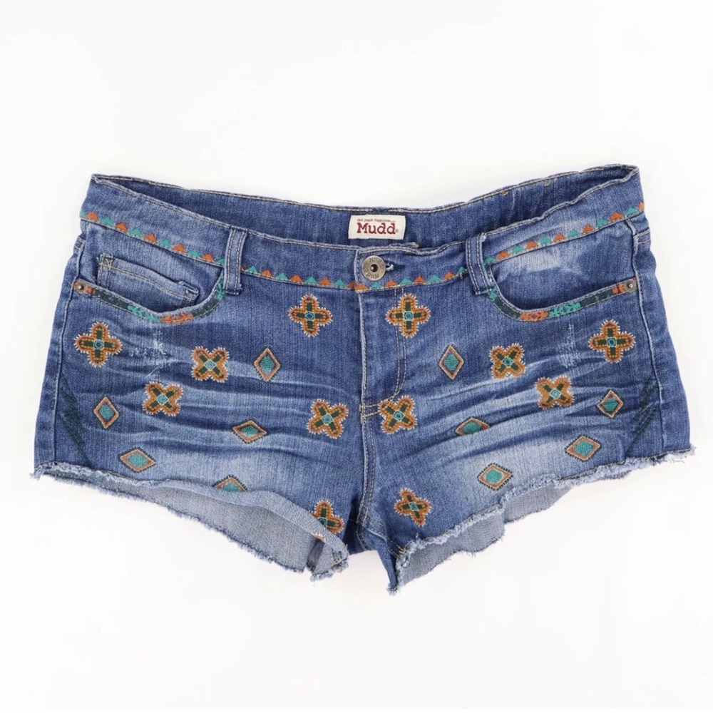 Mudd Blue Denim Embroidered Shortie Shorts